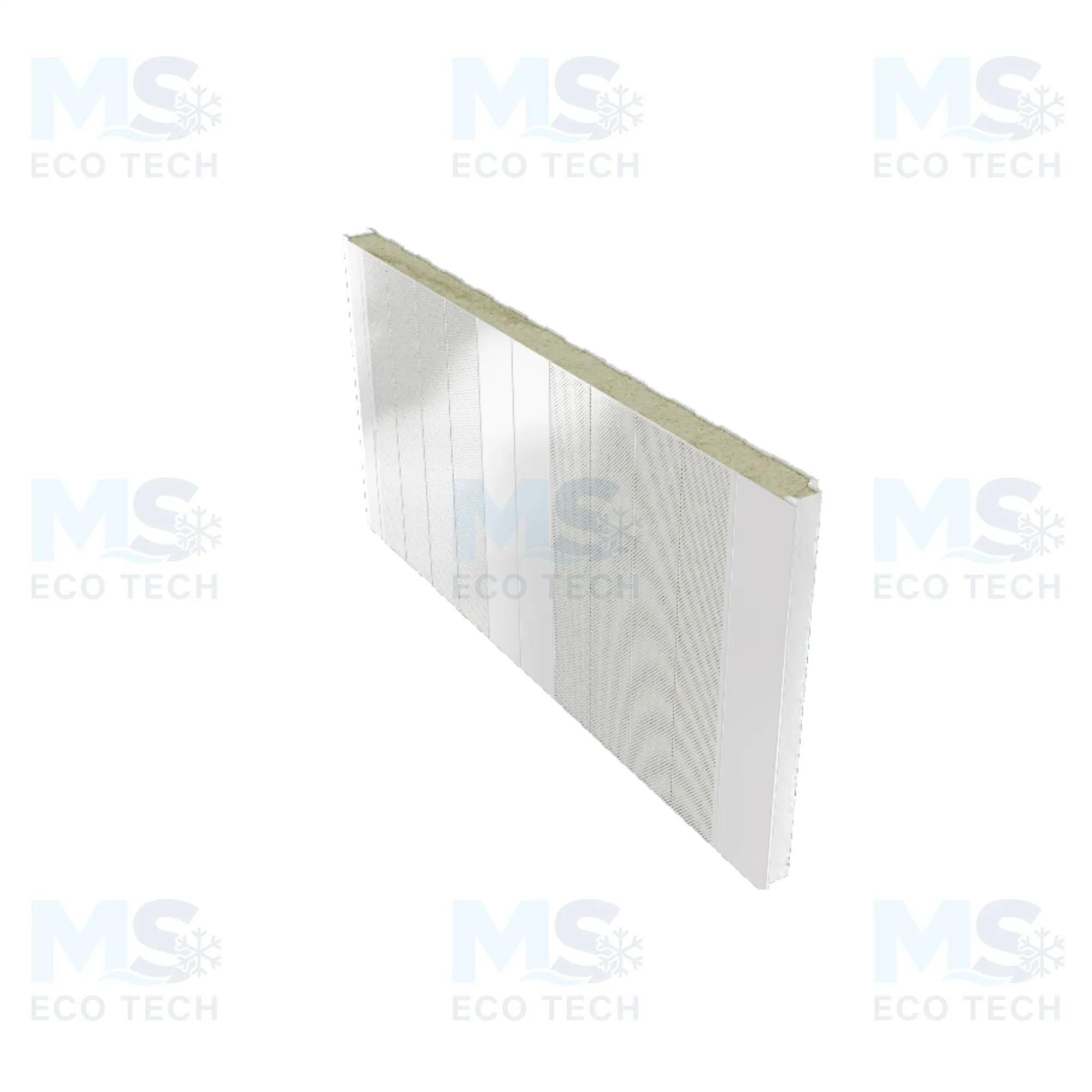 Panneau acoustique de façade blanc à parement micro-perforé, vu en perspective, âme en laine de roche visible