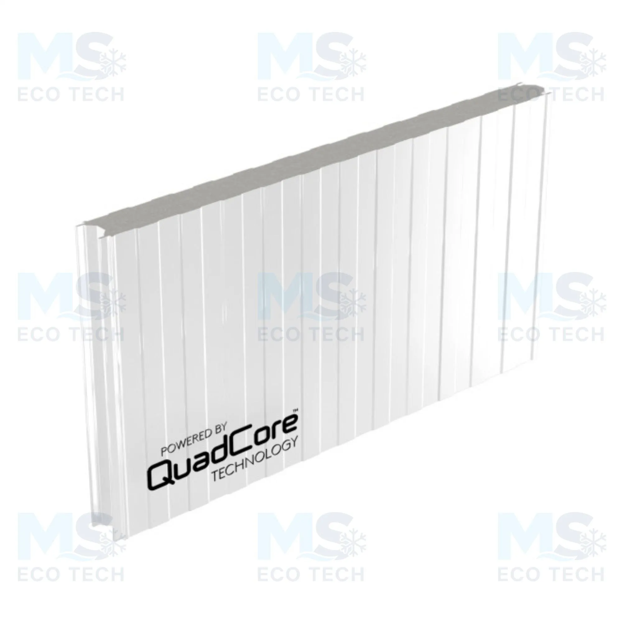 Panneau frigorifique blanc QuadCore vu en perspective, parement nervuré et marquage « Powered by QuadCore Technology »