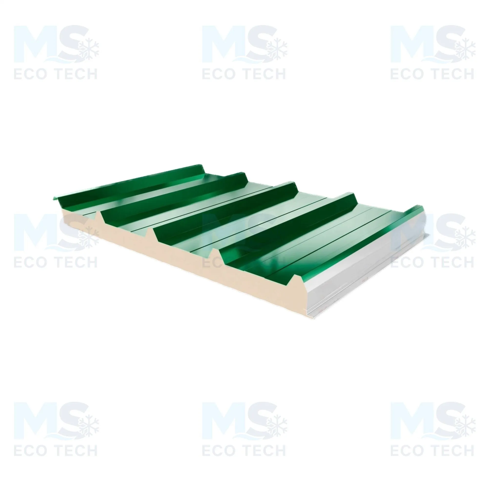 Panneau sandwich de toiture vert à trois nervures, vu en perspective, âme isolante visible sur le chant