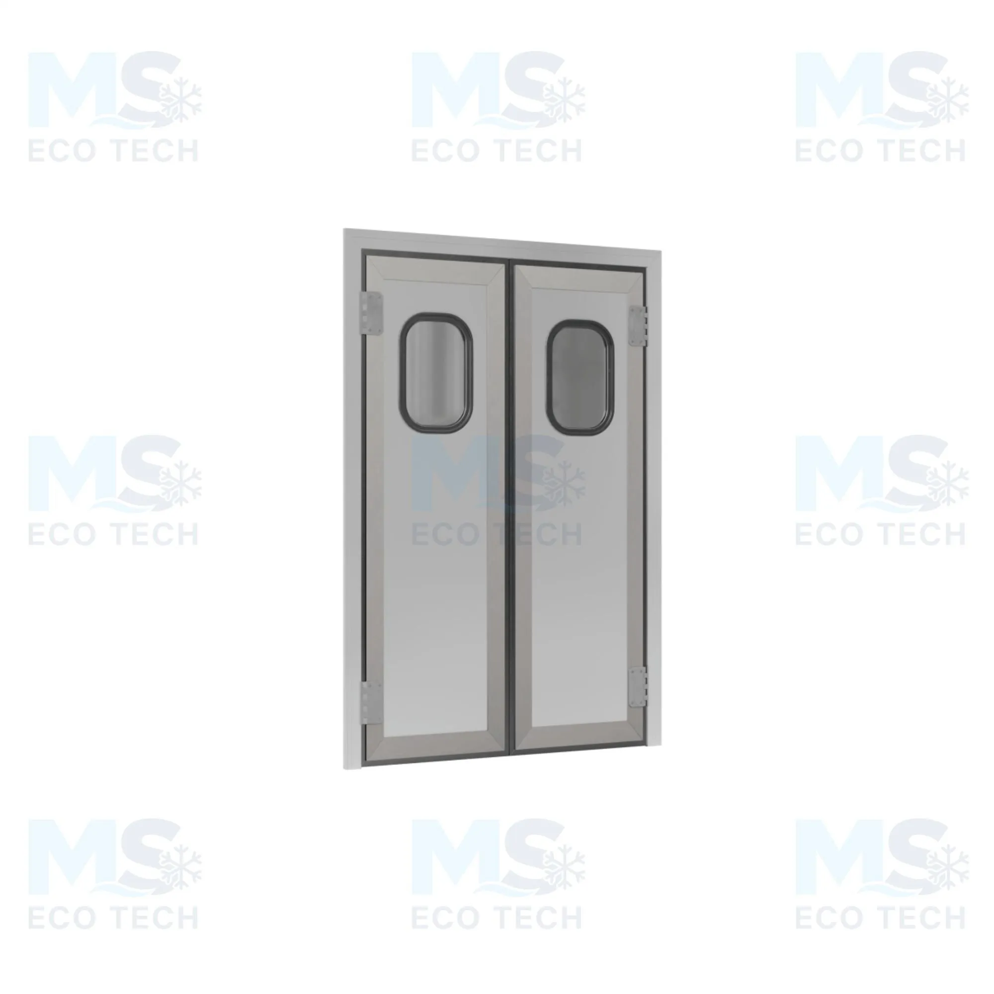 Porte battante de séparation en PVC gris clair à deux vantaux avec hublots ovales, cadre aluminium, vue en perspective