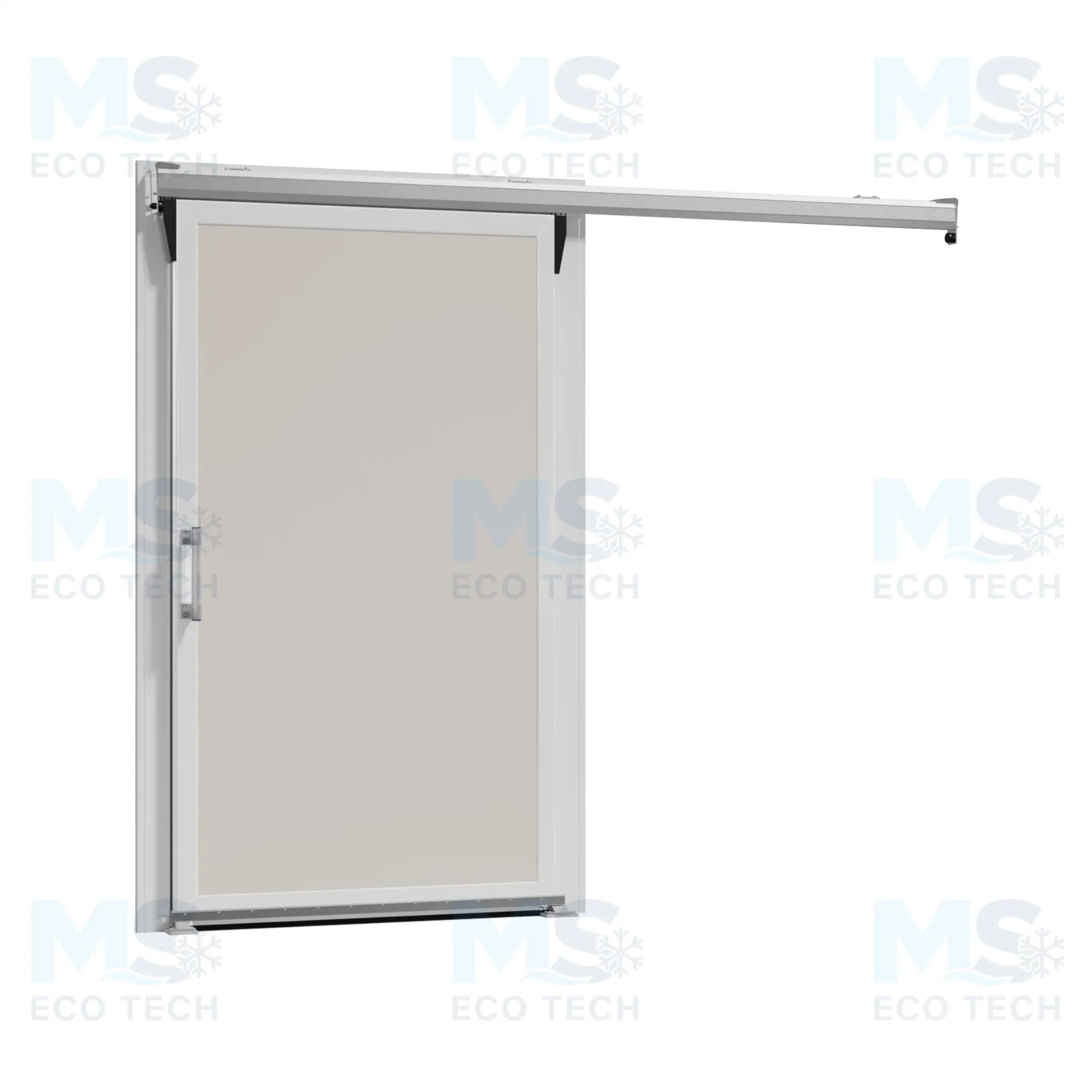 Porte coulissante de séparation gris clair à oculus vitré, suspendue à son rail aluminium, vue en perspective