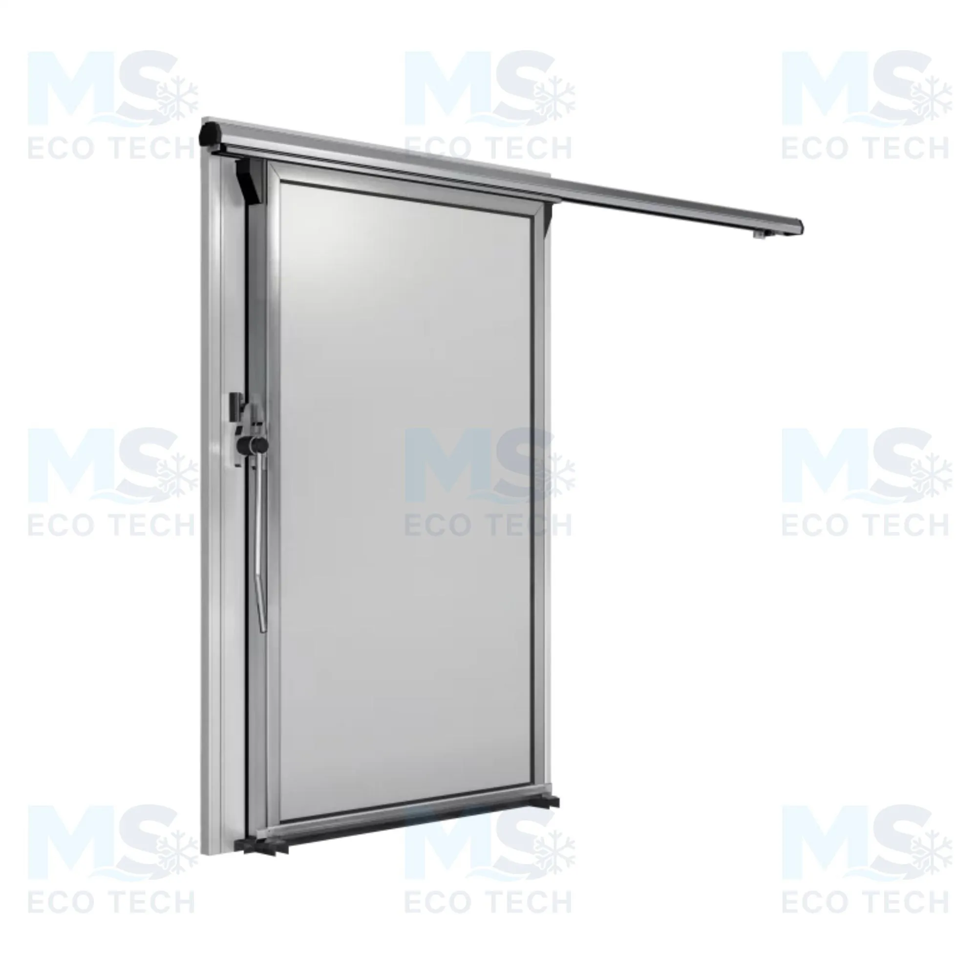 Porte coulissante réfrigérée blanche sur son rail aluminium supérieur, vue en perspective