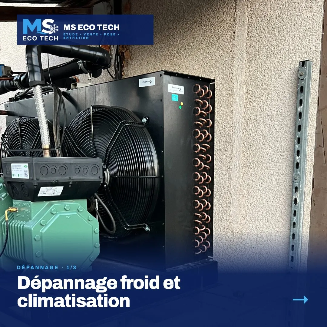 Dépannage froid et climatisation, visuel 1 sur 3 : groupe de condensation noir avec compresseur vert posé contre un mur extérieur