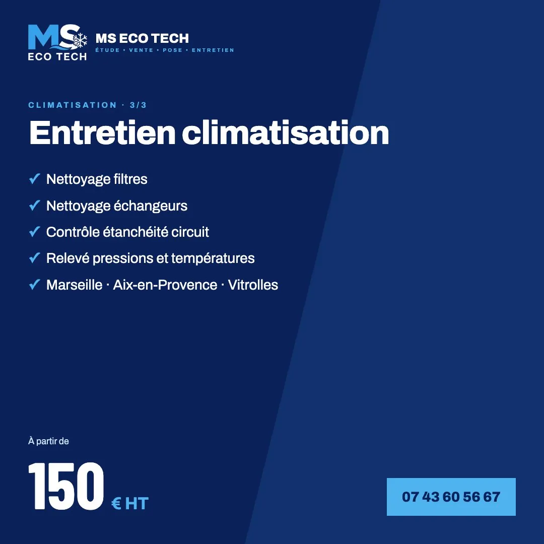 Entretien climatisation, visuel 3 sur 3 : nettoyage filtres et échangeurs, contrôle d'étanchéité du circuit, relevé pressions et températures, Marseille, Aix-en-Provence, Vitrolles ; à partir de 150 € HT ; 07 43 60 56 67