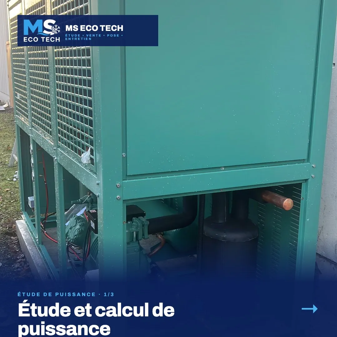 Étude et calcul de puissance, visuel 1 sur 3 : groupe frigorifique extérieur vert avec compresseur et tuyauterie cuivre