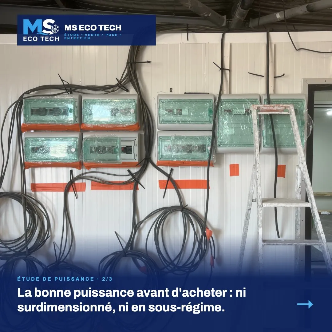 Étude et calcul de puissance, visuel 2 sur 3 : coffrets électriques et câbles en attente dans un local en panneaux ; « La bonne puissance avant d'acheter : ni surdimensionné, ni en sous-régime »